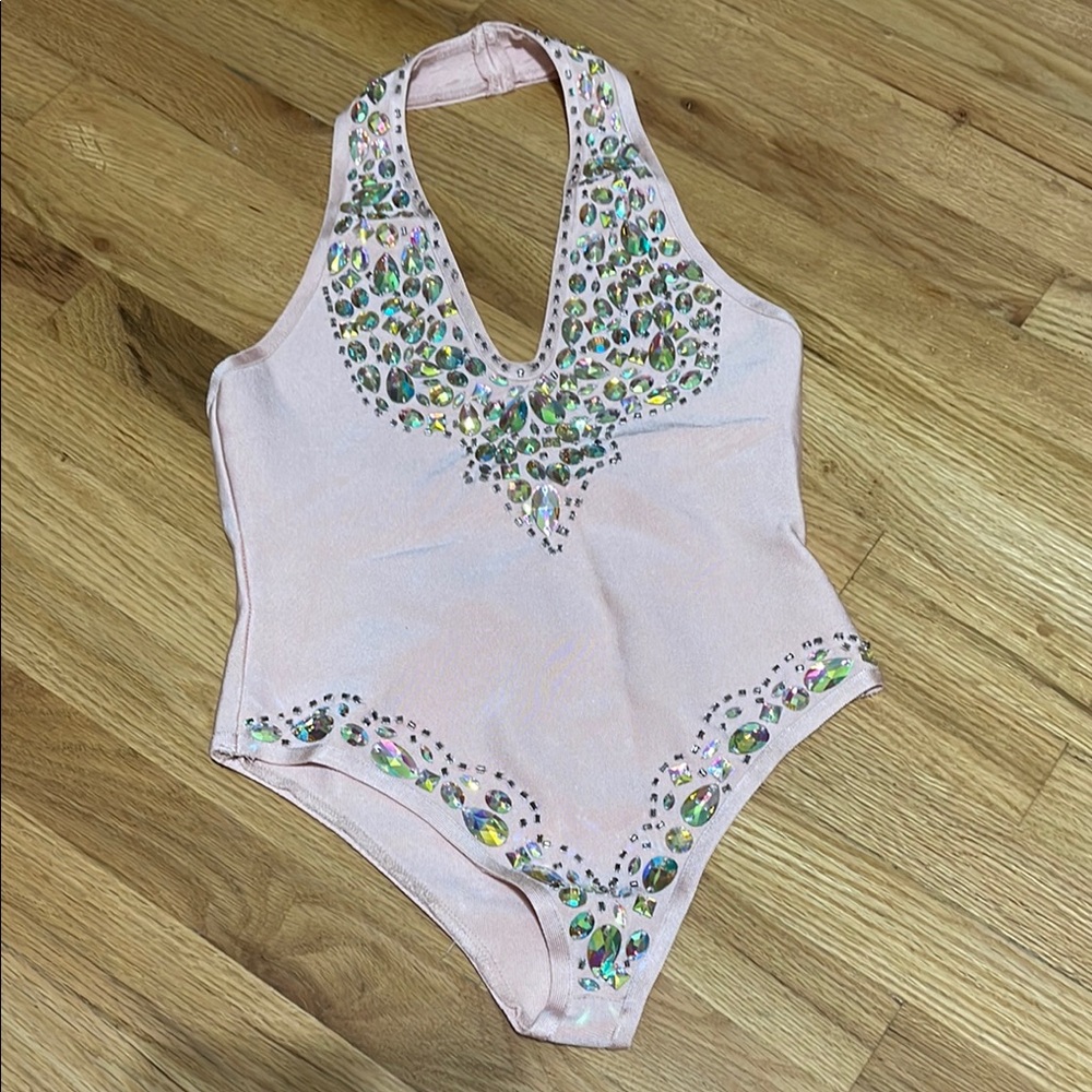 Asymmetrical Pink Embellished Bodysuit